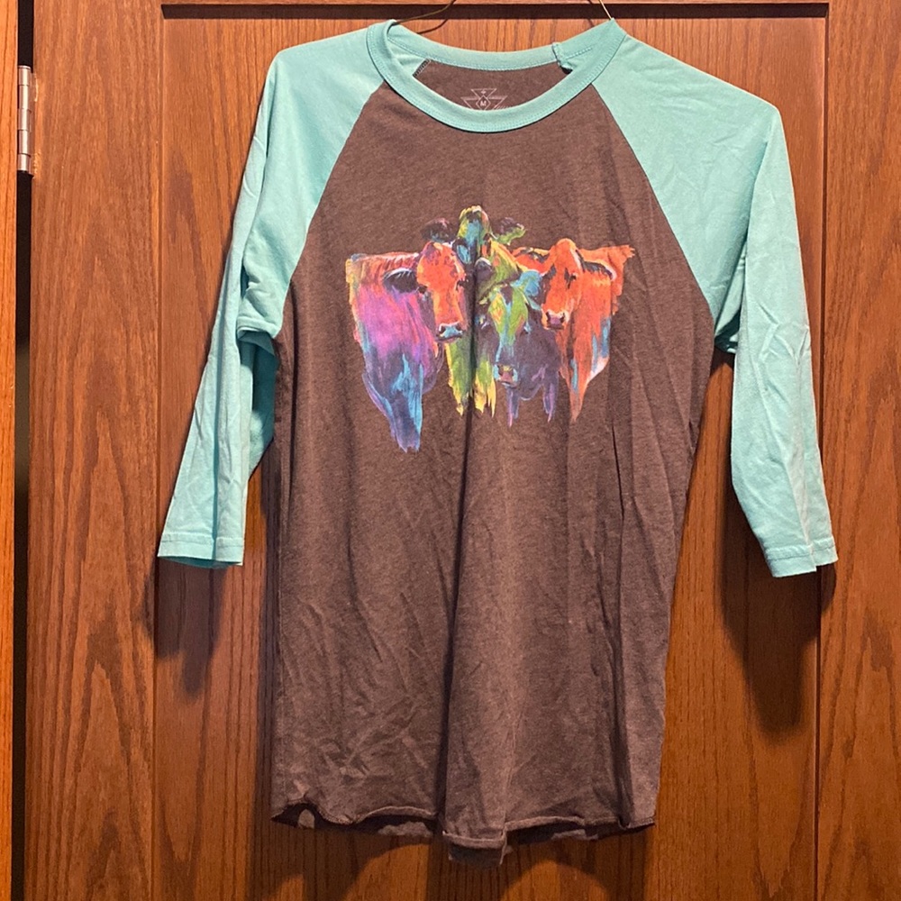 Crazy Train Turquoise Cattle Raglan Tee Women’s Size Medium